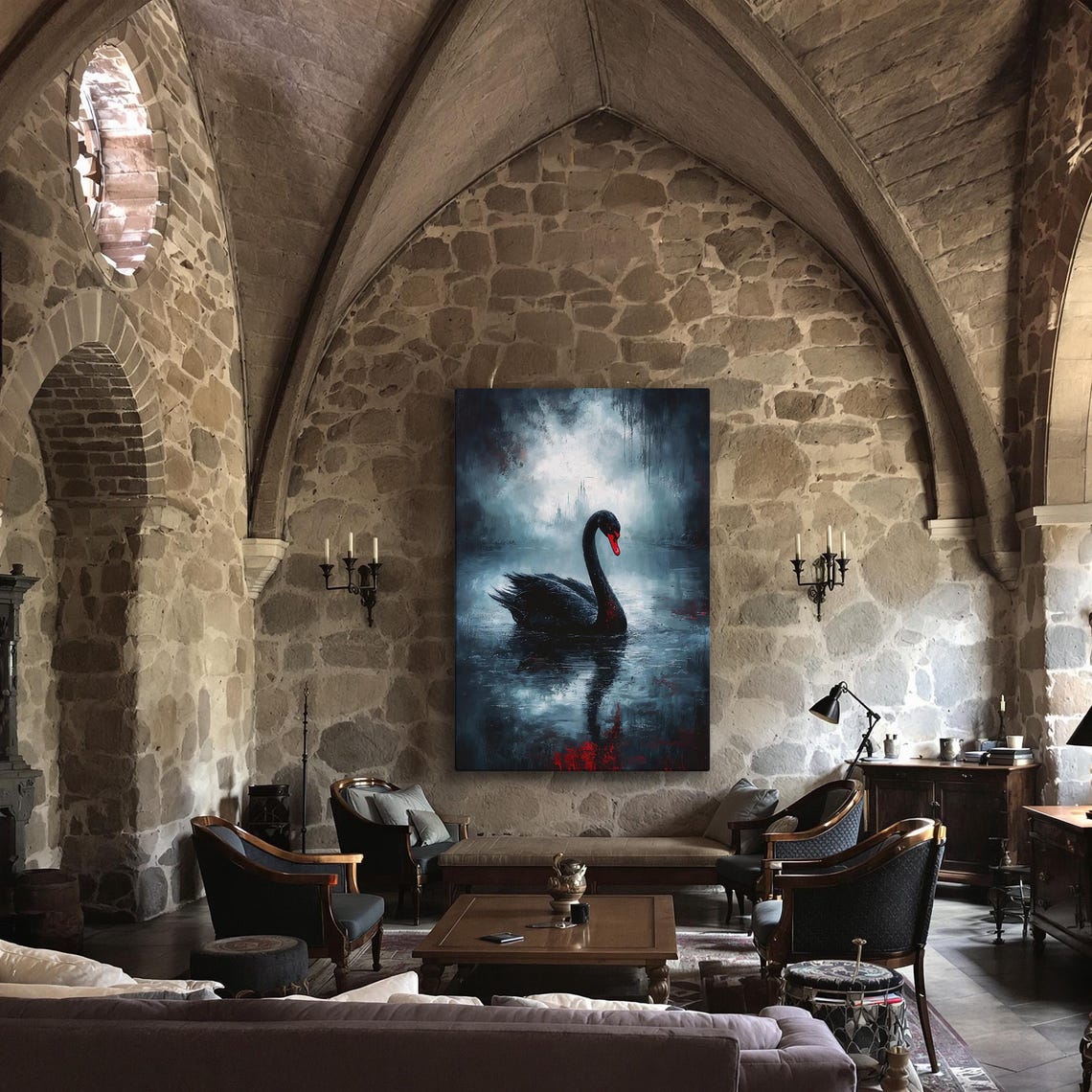 Black Swan On Misty Lake With Red Accents Gothic Dramatic Poster - Image 3