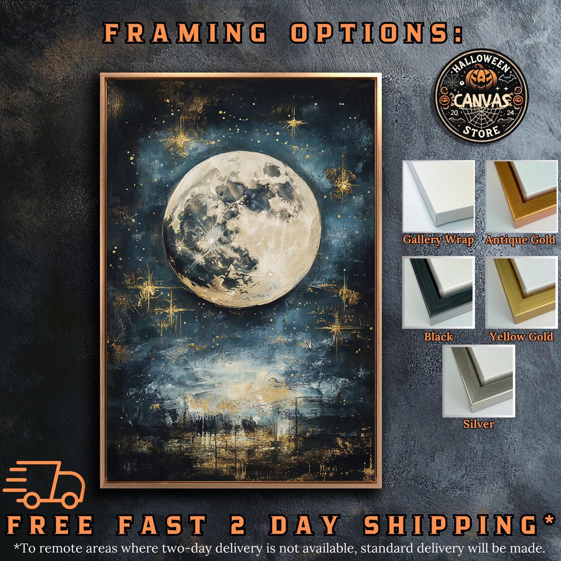 Full Moon Teal Starry Sky Golden Stars Cosmic Night Art Poster - Image 5