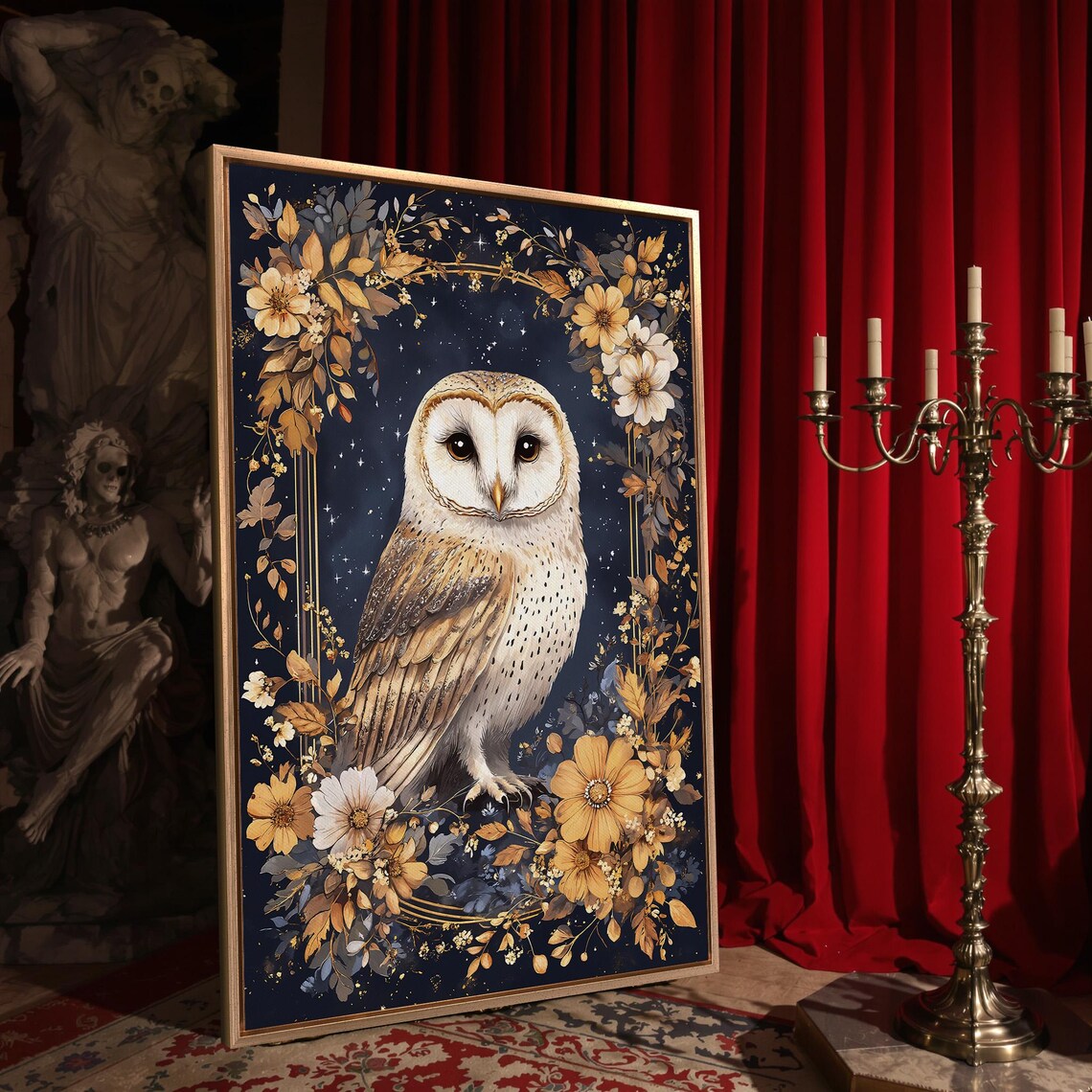 White Barn Owl Surrounded By Daisies Starry Night Floral Arch Art Poster - Image 4
