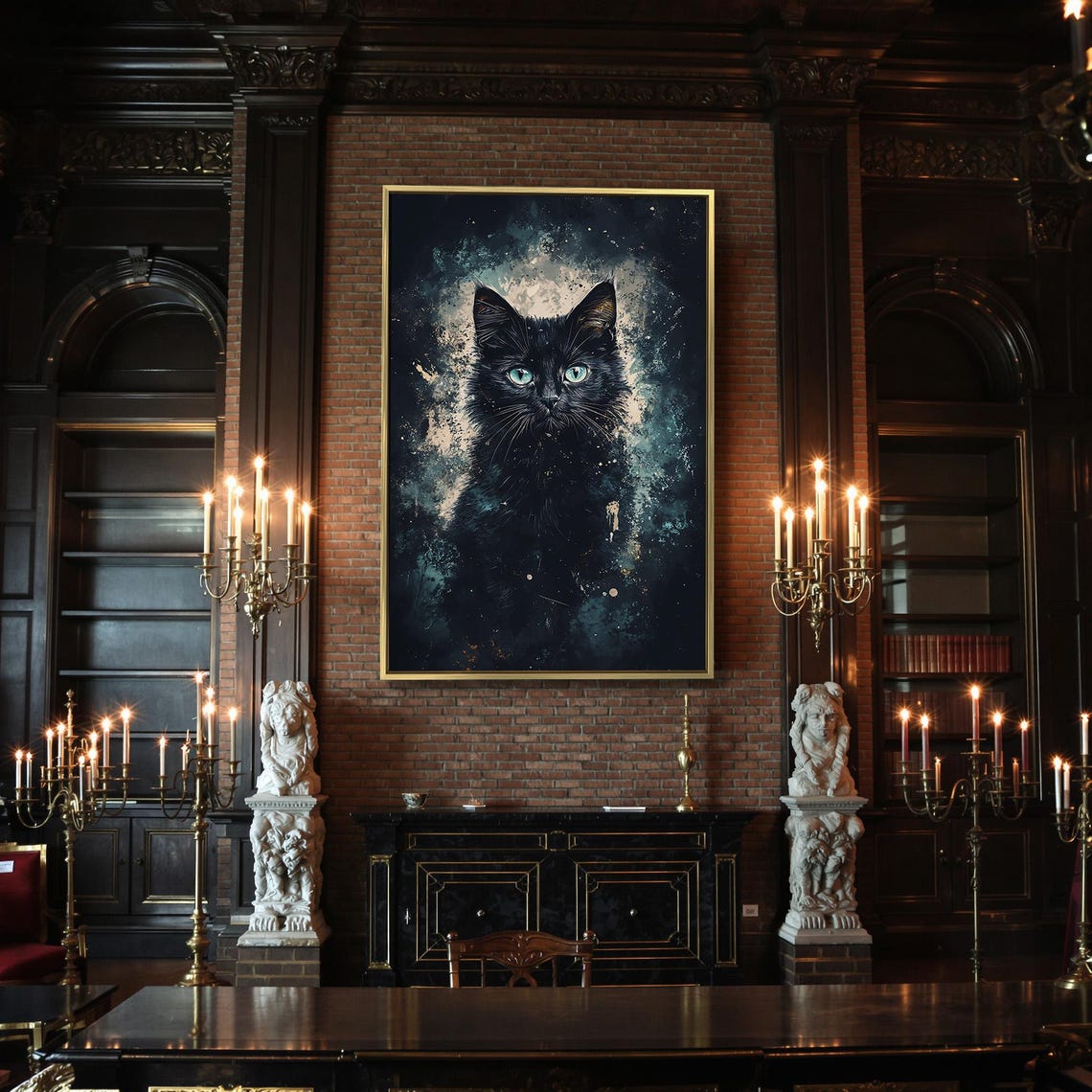 Mysterious Black Cat With Teal Eyes Cosmic Night Portrait Poster - Image 2