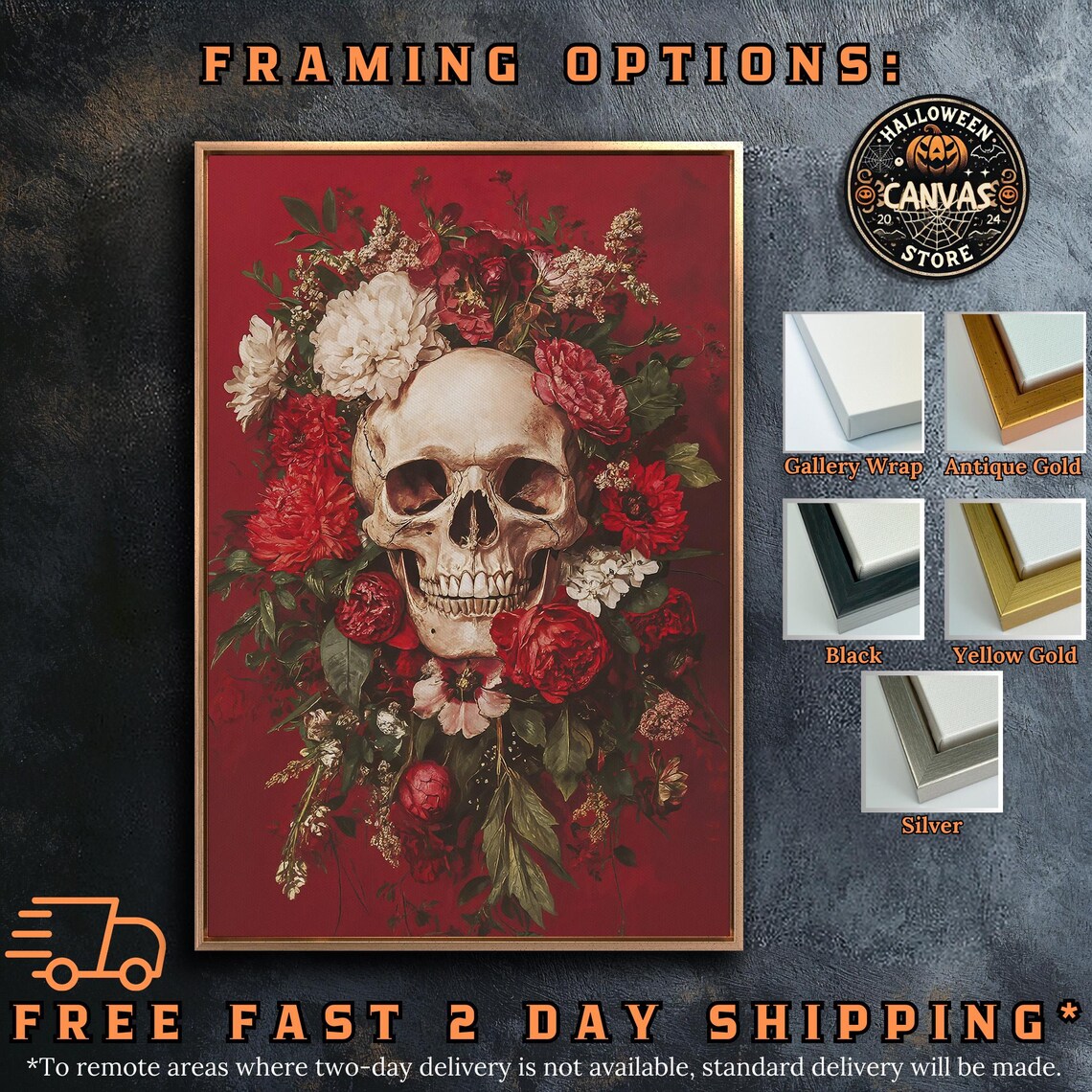 Skull Crowned With Red And White Flowers Deep Red Gothic Floral Dark Poster - Image 5