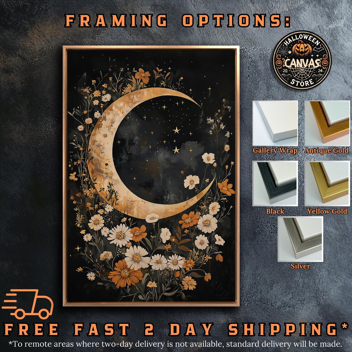 Golden Crescent Moon Wildflower Night Sky Dark Celestial Floral Wall Art - Image 5