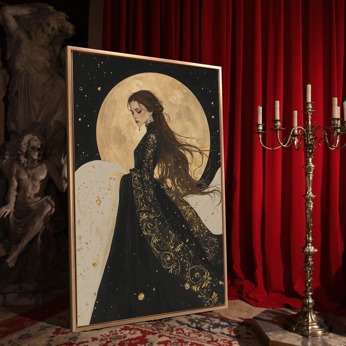 Woman Golden Full Moon Black Gown Flowing Hair Dark Celestial Romance Poster - Image 4