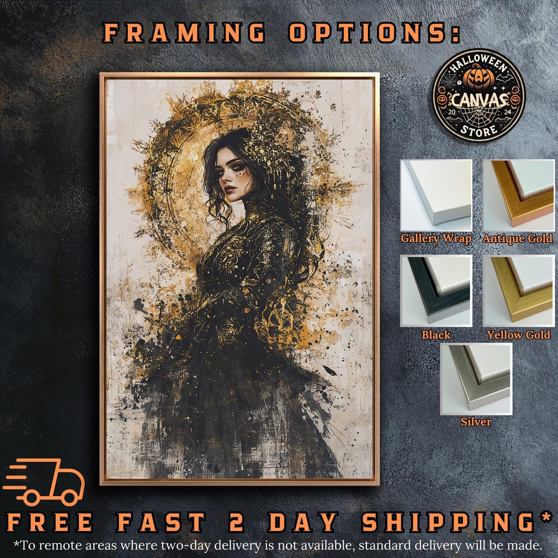 Dark Haired Gothic Woman Portrait With Gold Splatter Textured Poster - Image 5