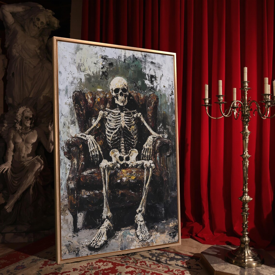 Skeleton Seated In Vintage Armchair Gothic Painterly Macabre Art Poster - Image 4