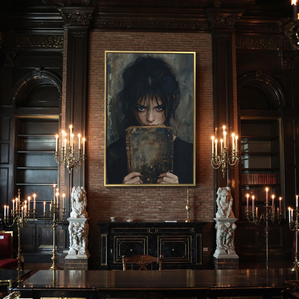 Gloomy Girl Peeking Over Old Book Dark Moody Gothic Literature Portrait Poster - Image 2