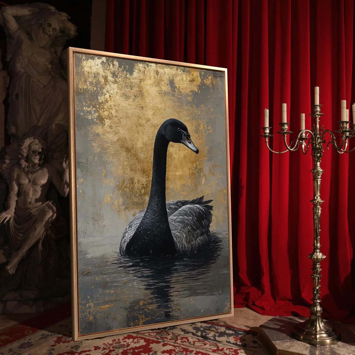 Graceful Black Swan Gliding On Dark Water Golden Night Sky Wall Poster - Image 4