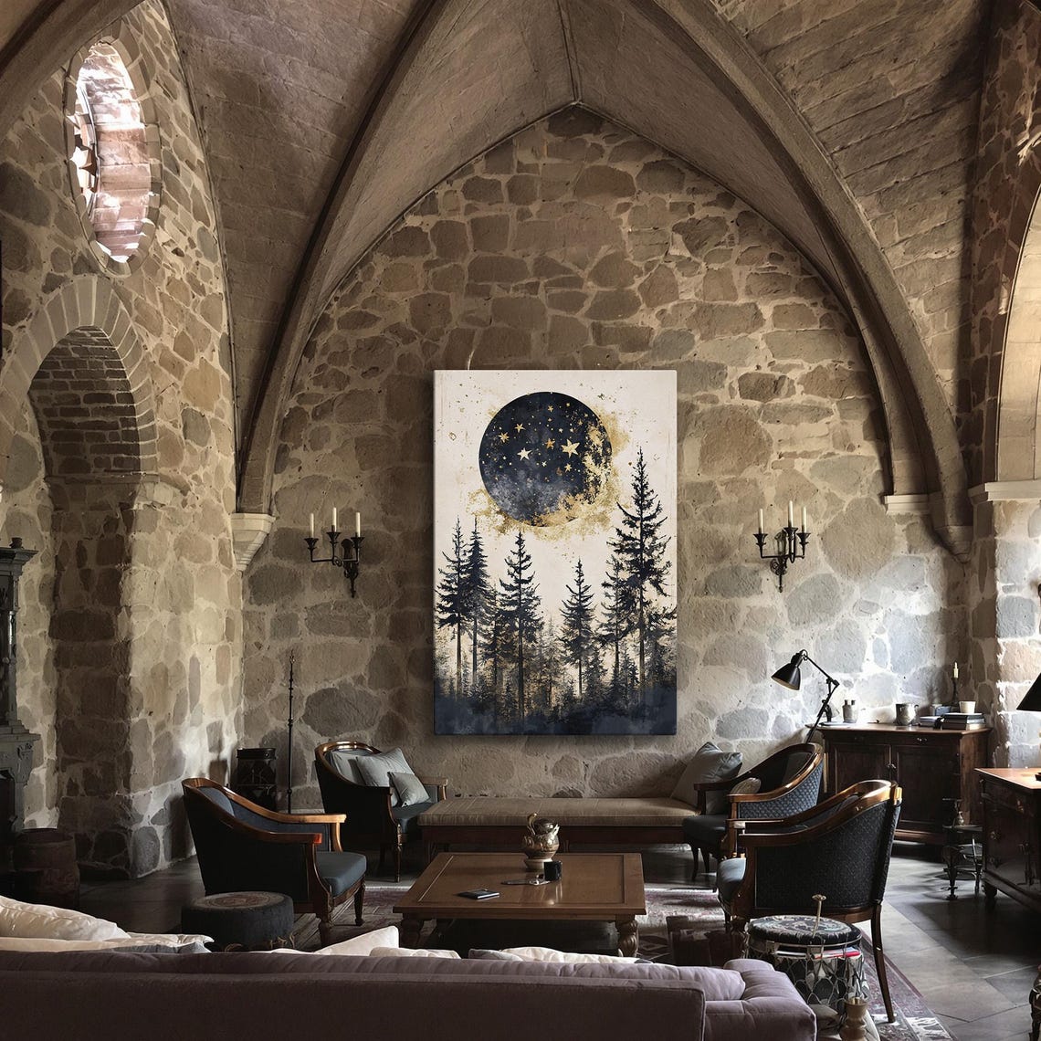 Starry Black Moon Over Pine Forest Cream Celestial Art Poster - Image 3