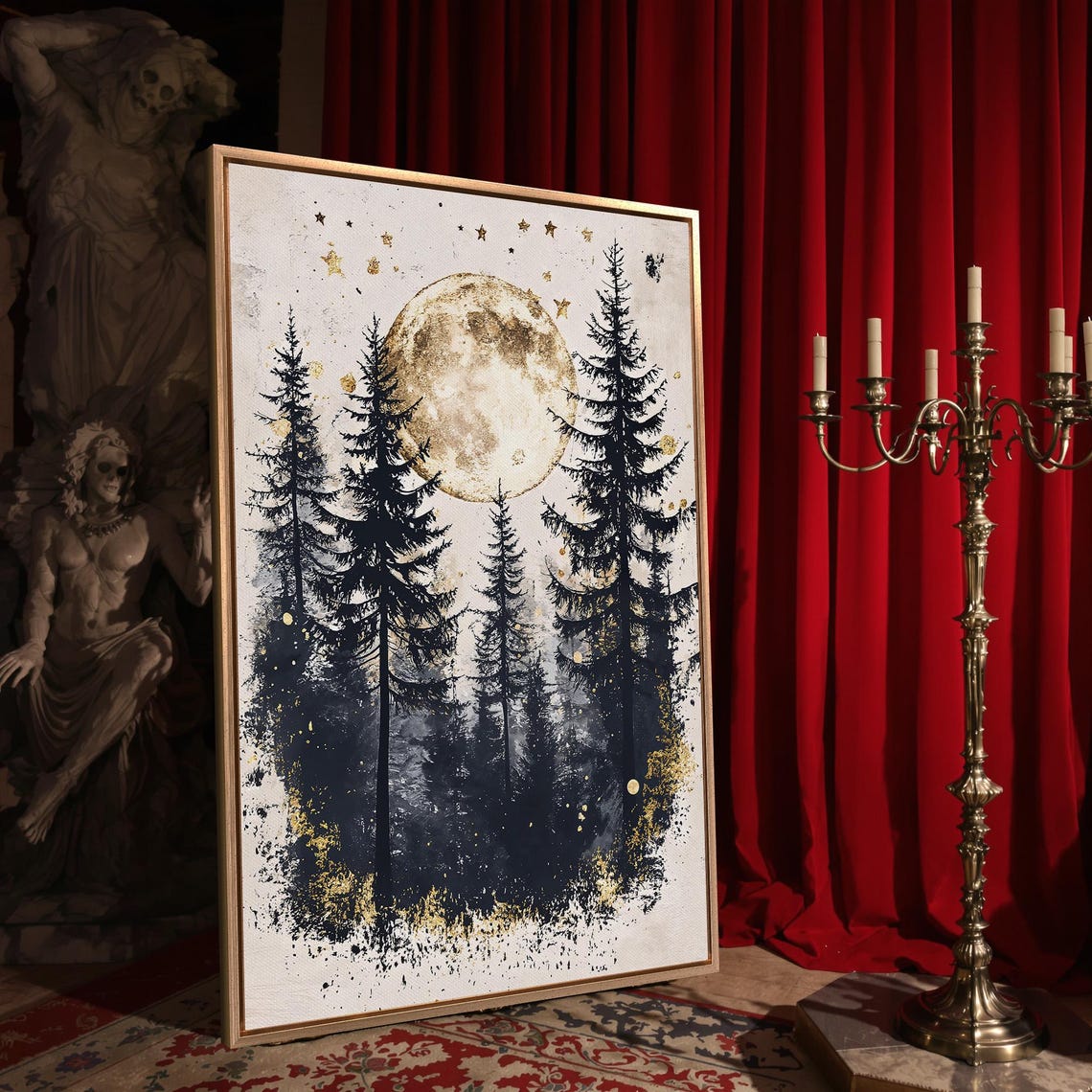 Golden Full Moon Glowing Over Black Pine Trees Night Art Poster - Image 4
