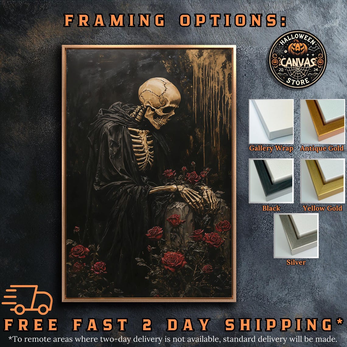 Grim Reaper Skeleton Leaning on Tombstone With Red Roses Poster - Image 5