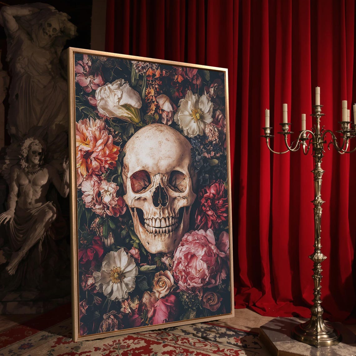 Skull Among Blooming Peonies Dark Floral Gothic Macabre Style Poster - Image 4