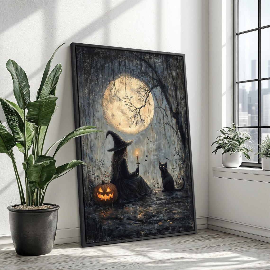 Witch With Black Cat Full Moon Night Candle Jack-O-Lantern Gothic Wall Poster - Image 3