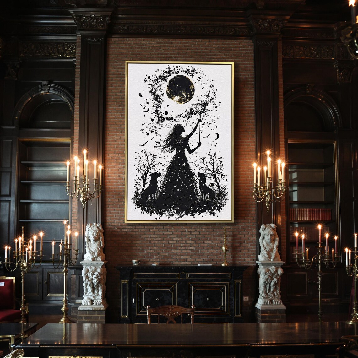 Black And White Witch Silhouette With Dogs Reaching For Full Moon Poster - Image 2