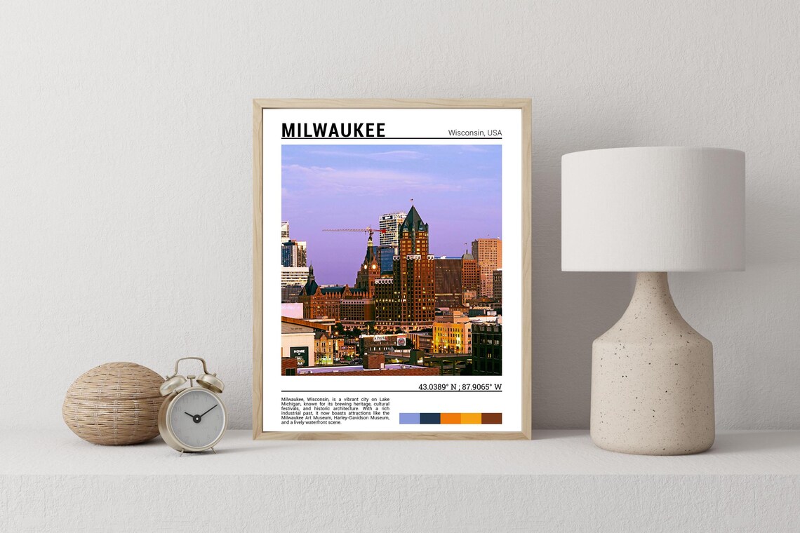 Milwaukee Wisconsin Sunset Skyline Cityscape Dusk Travel Poster - Image 2
