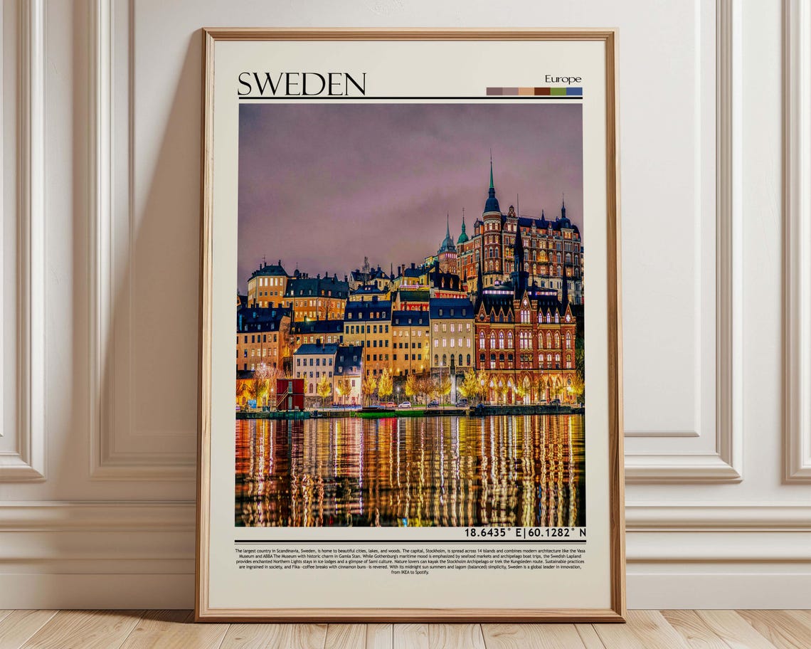 Stockholm Sweden Waterfront Dusk Lights Old Town Travel Poster