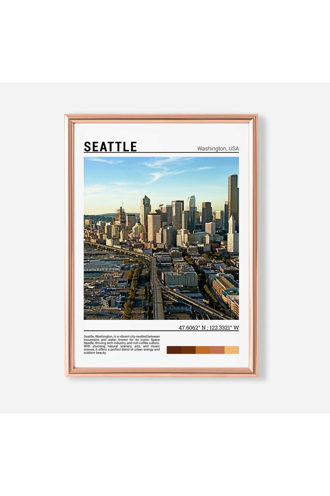 Seattle Washington Downtown Skyline Golden Hour Travel Poster