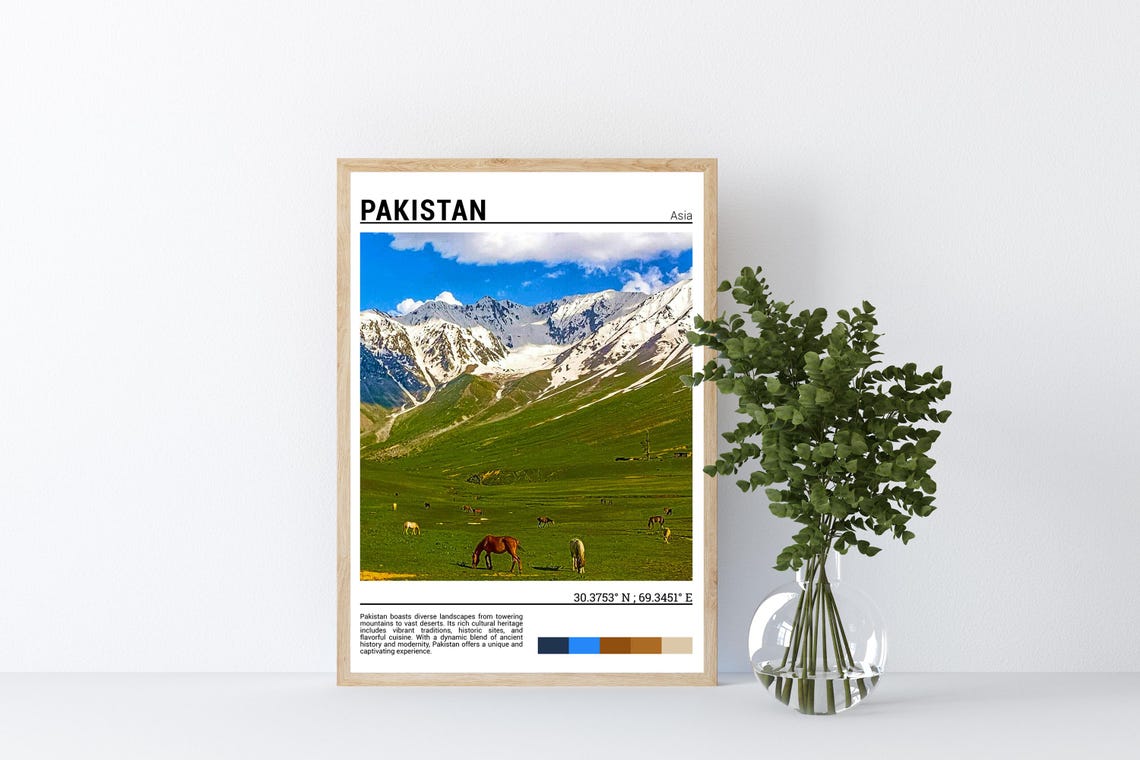 Pakistan Lush Green Valley Grazing Horses Beneath Snow Peaks Poster - Image 4