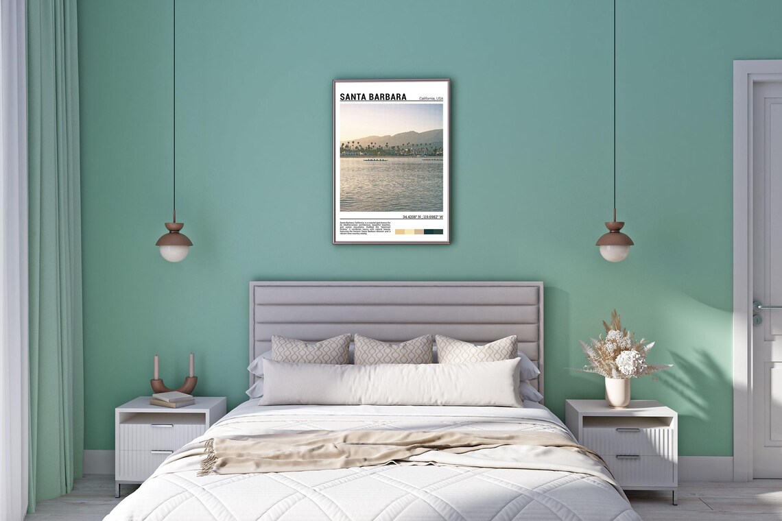 Santa Barbara California Waterfront Palms Mountains Sunset Travel Poster - Image 5