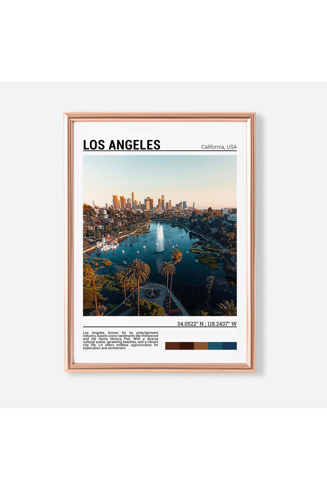 Los Angeles Downtown Skyline Echo Park Lake Palm Trees Travel Poster
