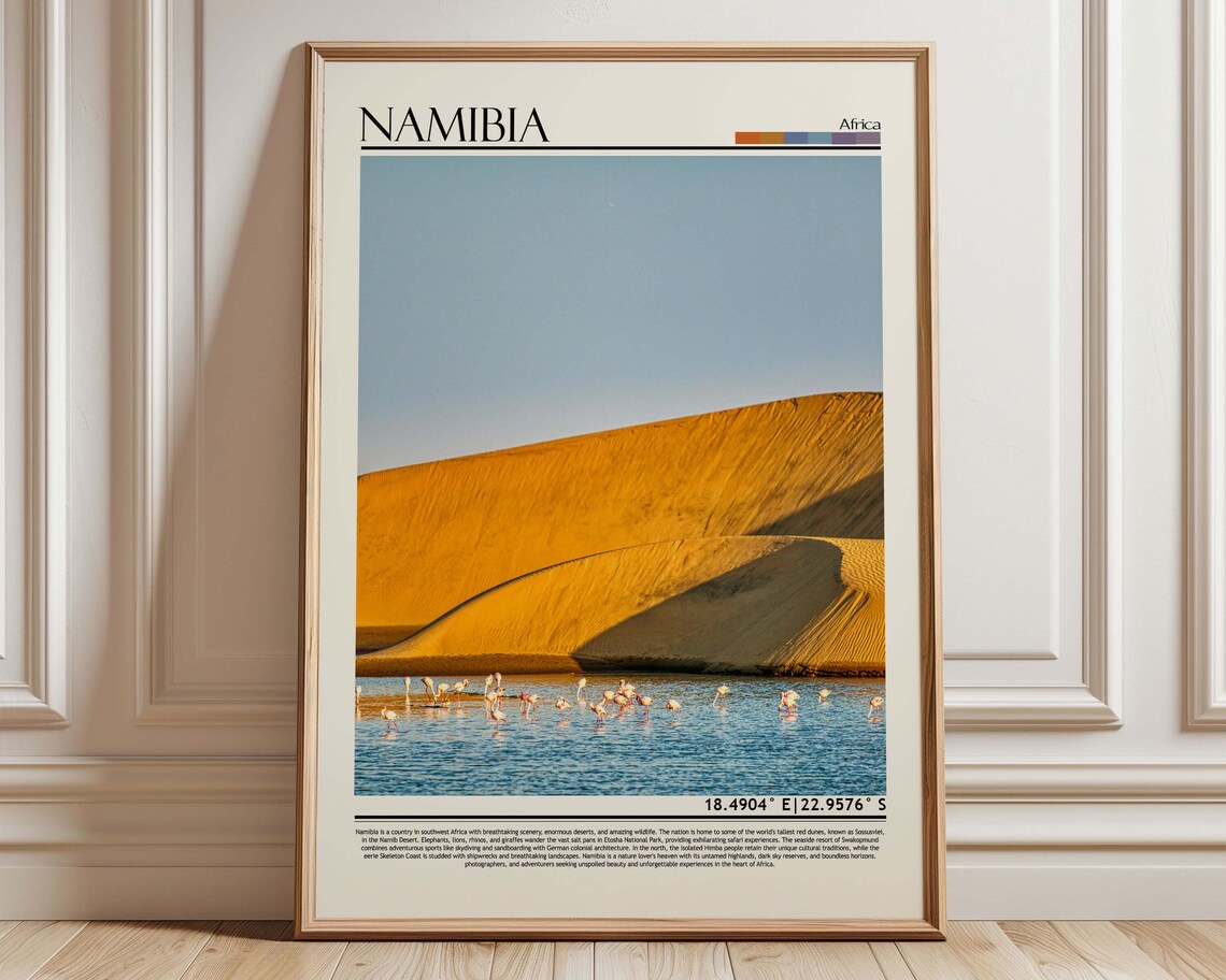 Namibia Golden Dunes and Flamingos Lagoon Africa Travel Poster