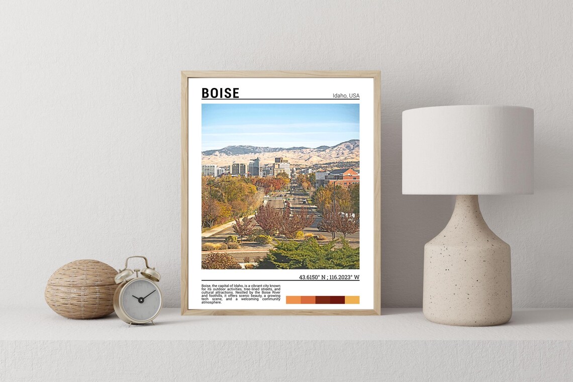 Boise Idaho City Skyline Foothills Tree Lined Street Travel Poster - Image 2
