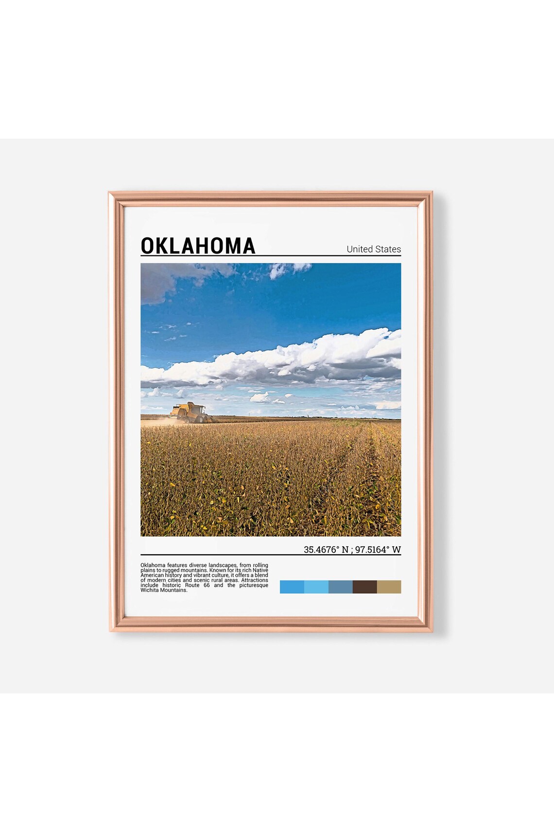 Oklahoma Wheat Field Harvest Combine Golden Plains Travel Photo Poster
