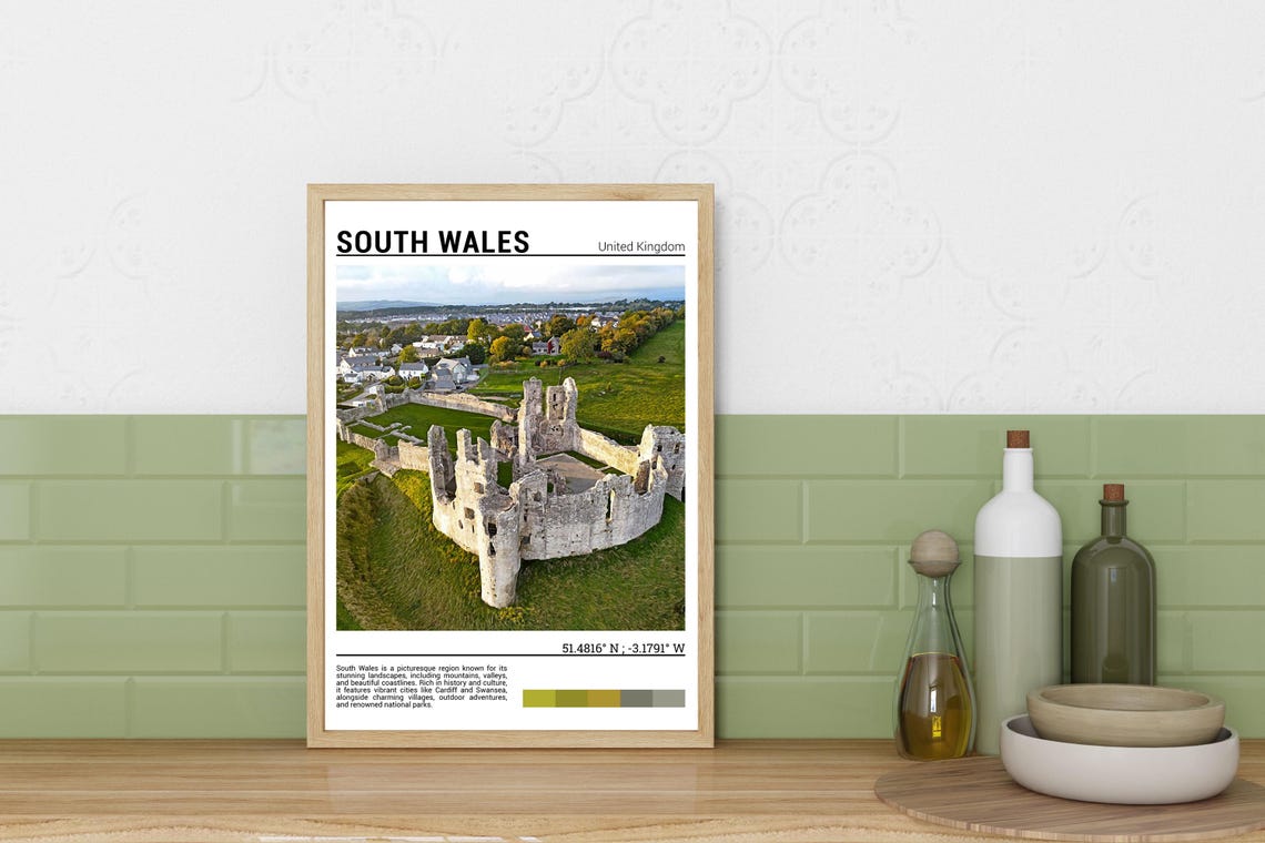 South Wales Medieval Castle Ruins Aerial Green Valley Photo Poster - Image 3