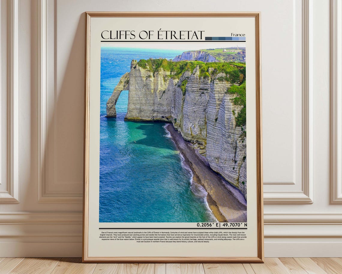 Cliffs of Etretat France Travel Poster White Chalk Arch Photo Art