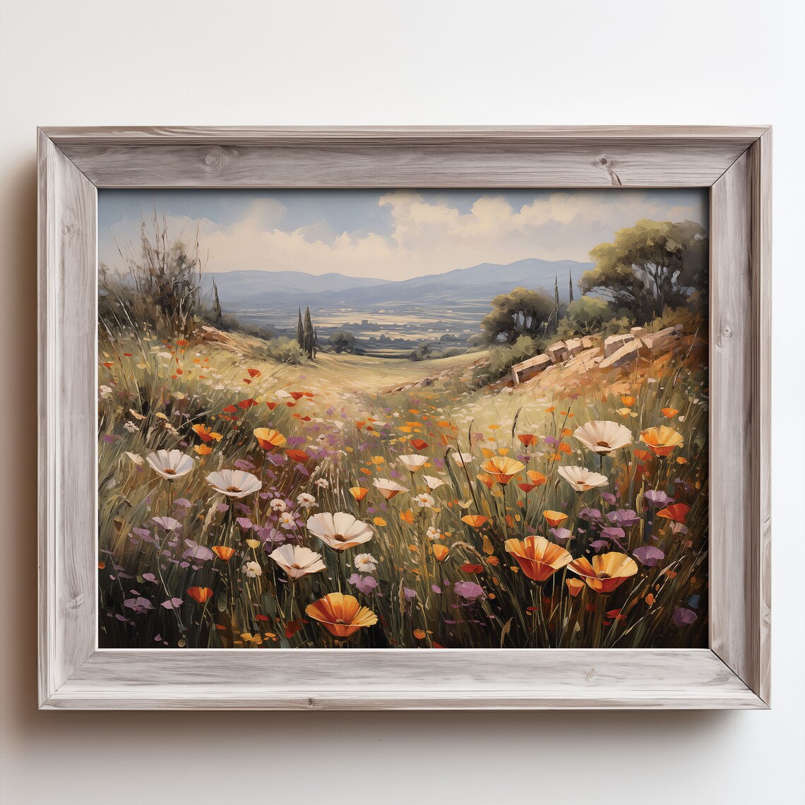 California Poppy Wildflower Meadow Valley Hills Oil Painting Poster
