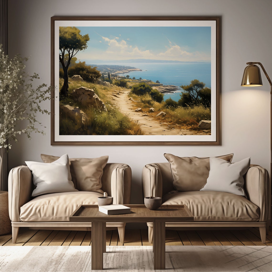 Hillside Path to the Sea Painting Olive Trees Blue Ocean View Poster - Image 3