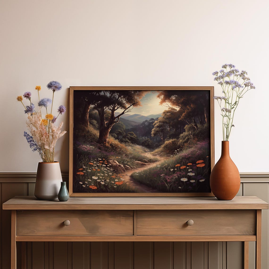 Twilight Forest Path With Daisies Under Dark Trees Vintage Wall Art - Image 3