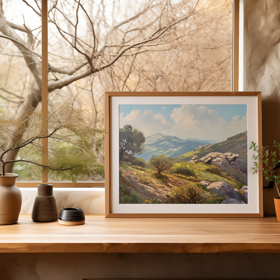 Mountain Valley Olive Trees Painting Rocky Hills Wildflower Poster - Image 4