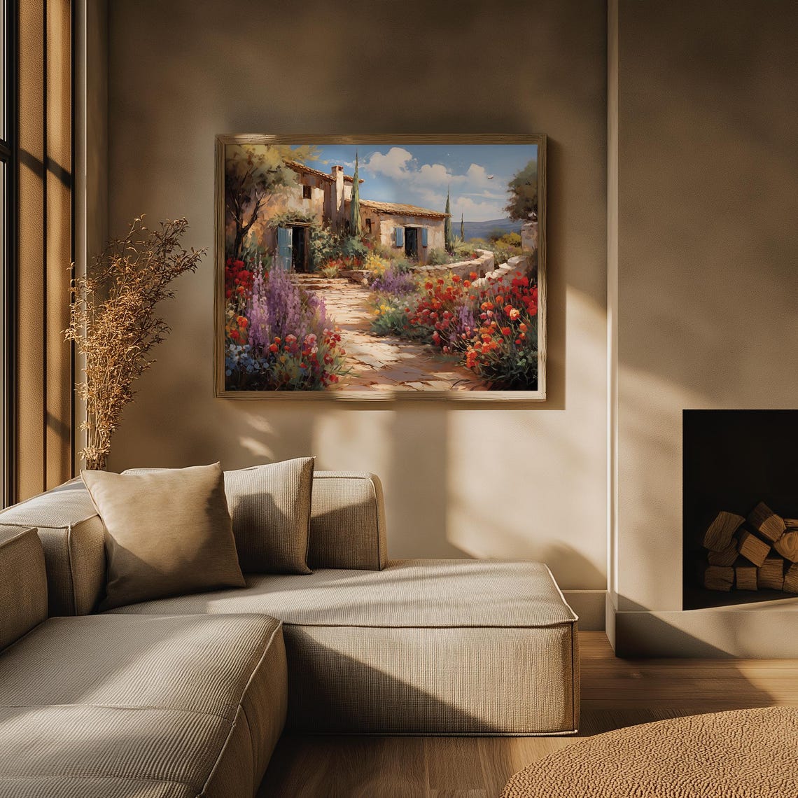 Rustic Stone Cottage Flower Path Blue Shutters Oil Painting Poster - Image 2