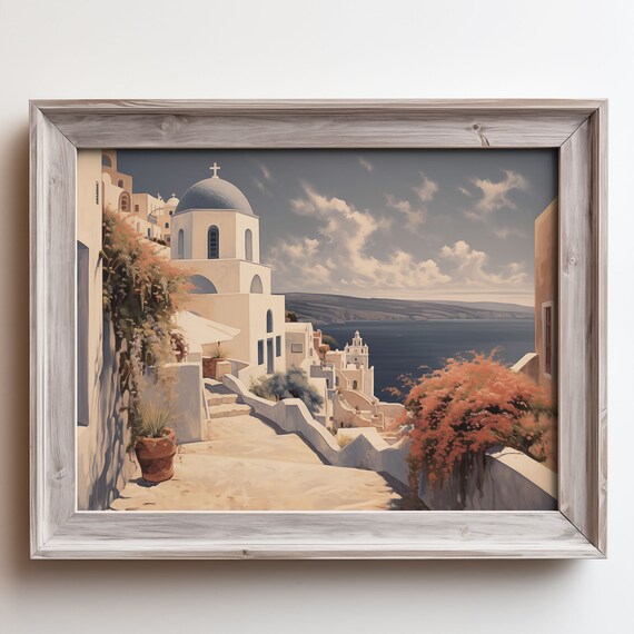 Greek Island Village Domed Church Sea View Oil Painting Poster