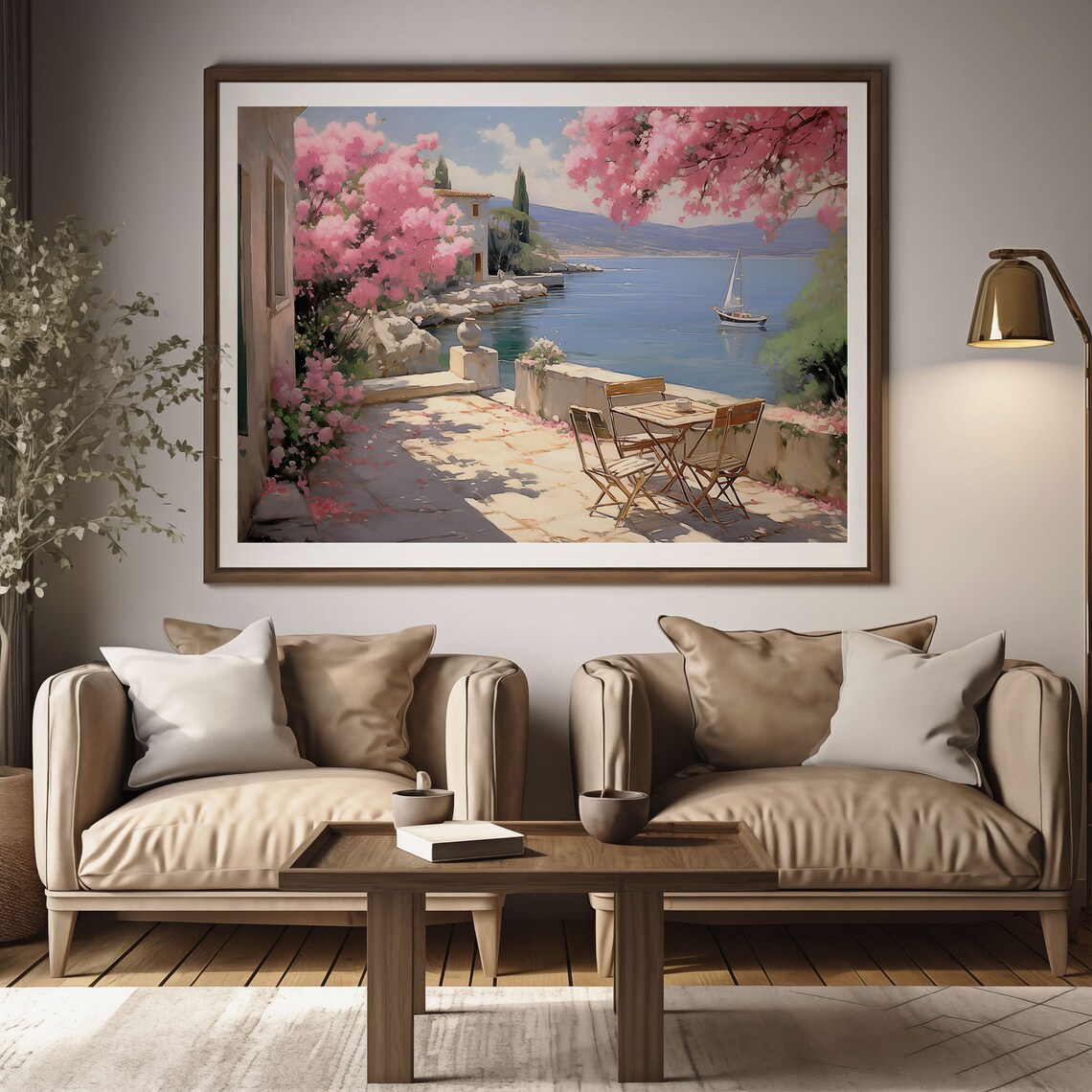 Seaside Terrace With Pink Bougainvillea Sailboat On Blue Sea Poster - Image 2
