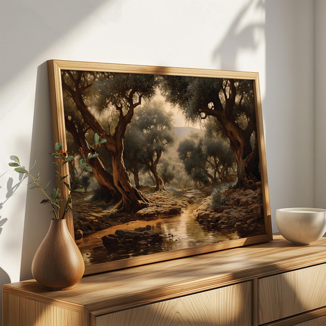 Olive Tree Stream Golden Light Rocky Banks Oil Painting Poster - Image 4