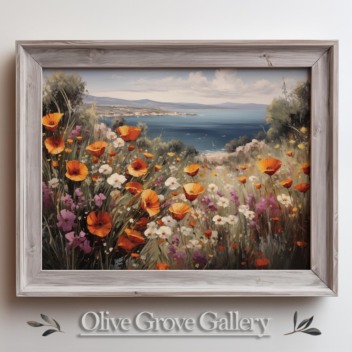 Vibrant Poppy Field By Sea Serene Italian Coastal Landscape Painting Colorful Wildflower Meadow And Ocean View Nature Inspired Wall Art