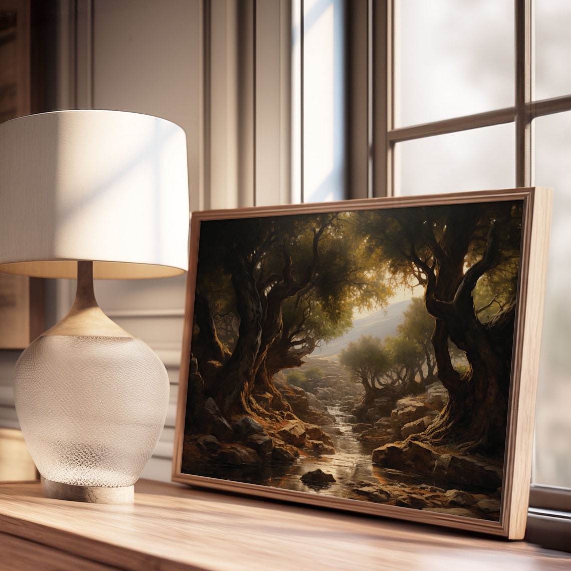 Golden Light On A Rocky Stream Under Ancient Oak Trees Vintage Poster - Image 3