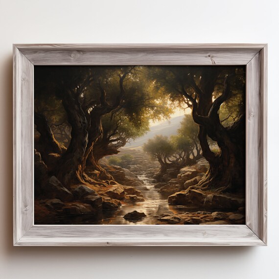 Golden Light On A Rocky Stream Under Ancient Oak Trees Vintage Poster