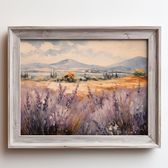 Purple Lavender Field Under A Golden Sky Mountain Countryside Poster