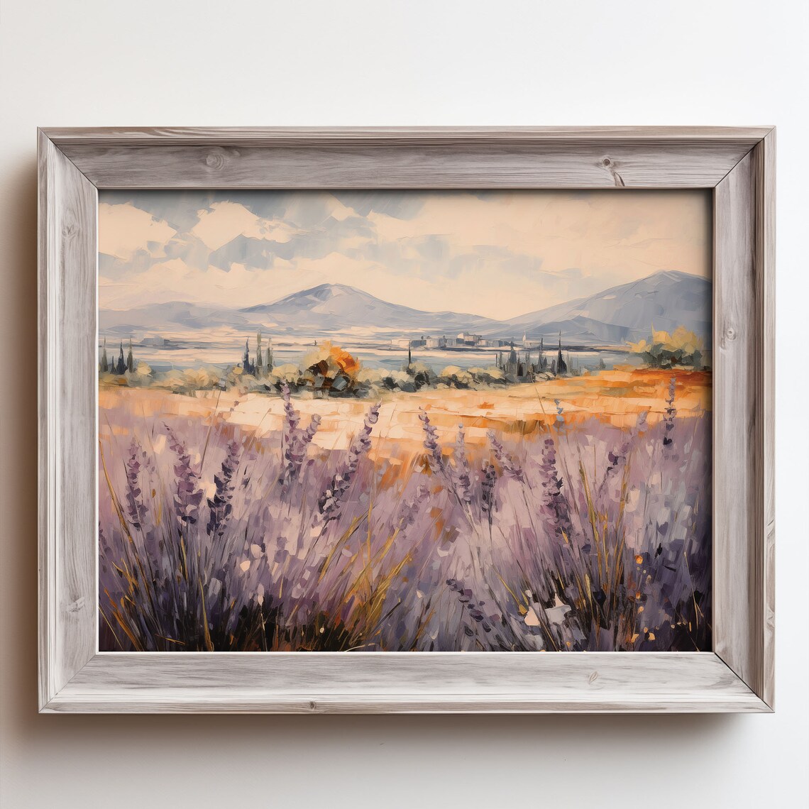Purple Lavender Field Under A Golden Sky Mountain Countryside Poster