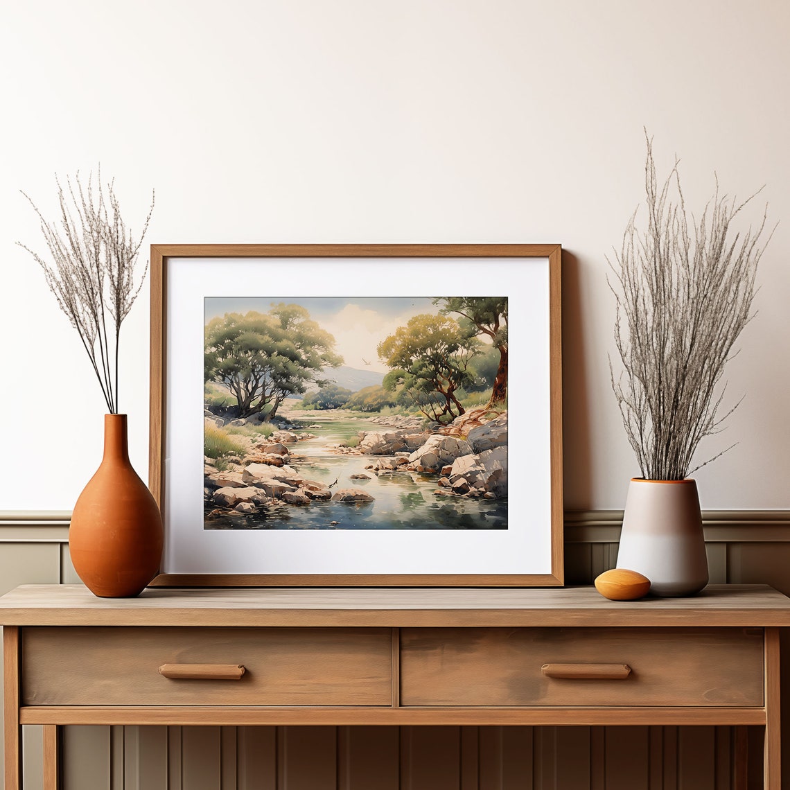 Serene Countryside Rocky River Stream Sunlit Trees Quiet Meadow Poster - Image 4