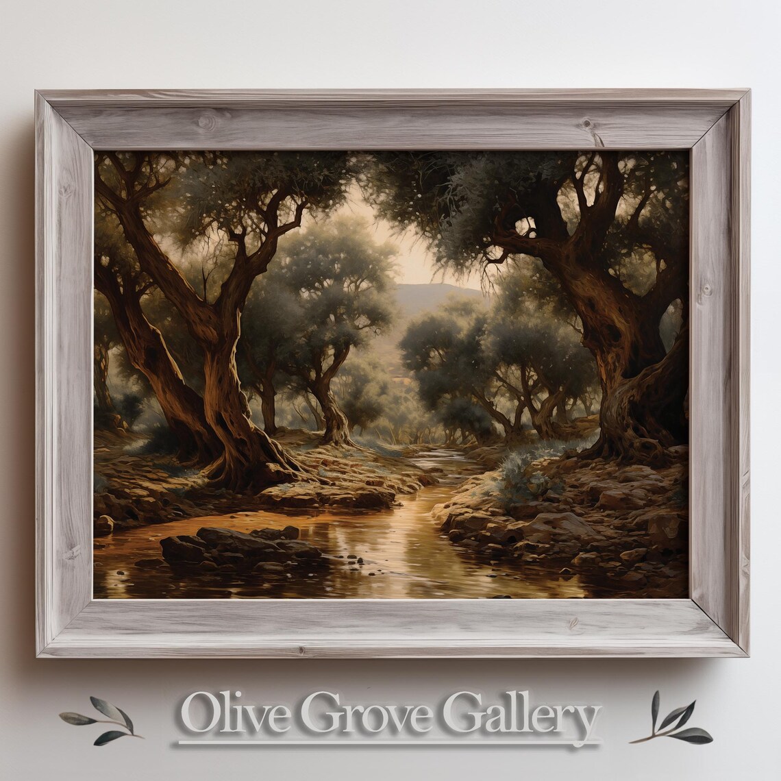 Olive Tree Stream Golden Light Rocky Banks Oil Painting Poster