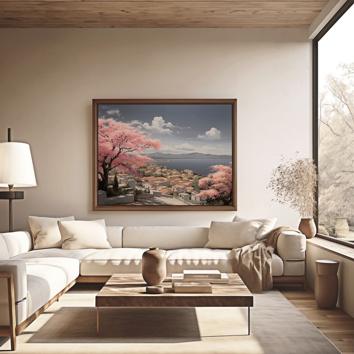 Springtime Pink Blossom Trees Coastal Town Bay Mountain View Poster - Image 4