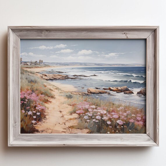 Ocean Waves Sandy Beach Path Pink Wildflowers Seascape Oil Painting Poster