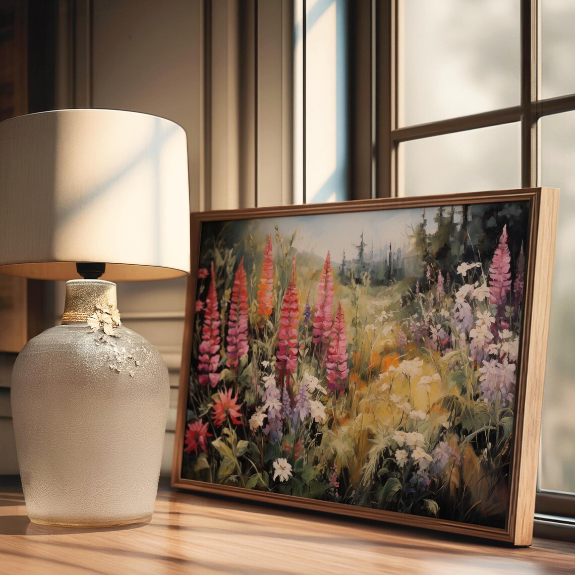 Vibrant Wildflower Meadow Painting Pink Lupine Garden Landscape Poster - Image 2