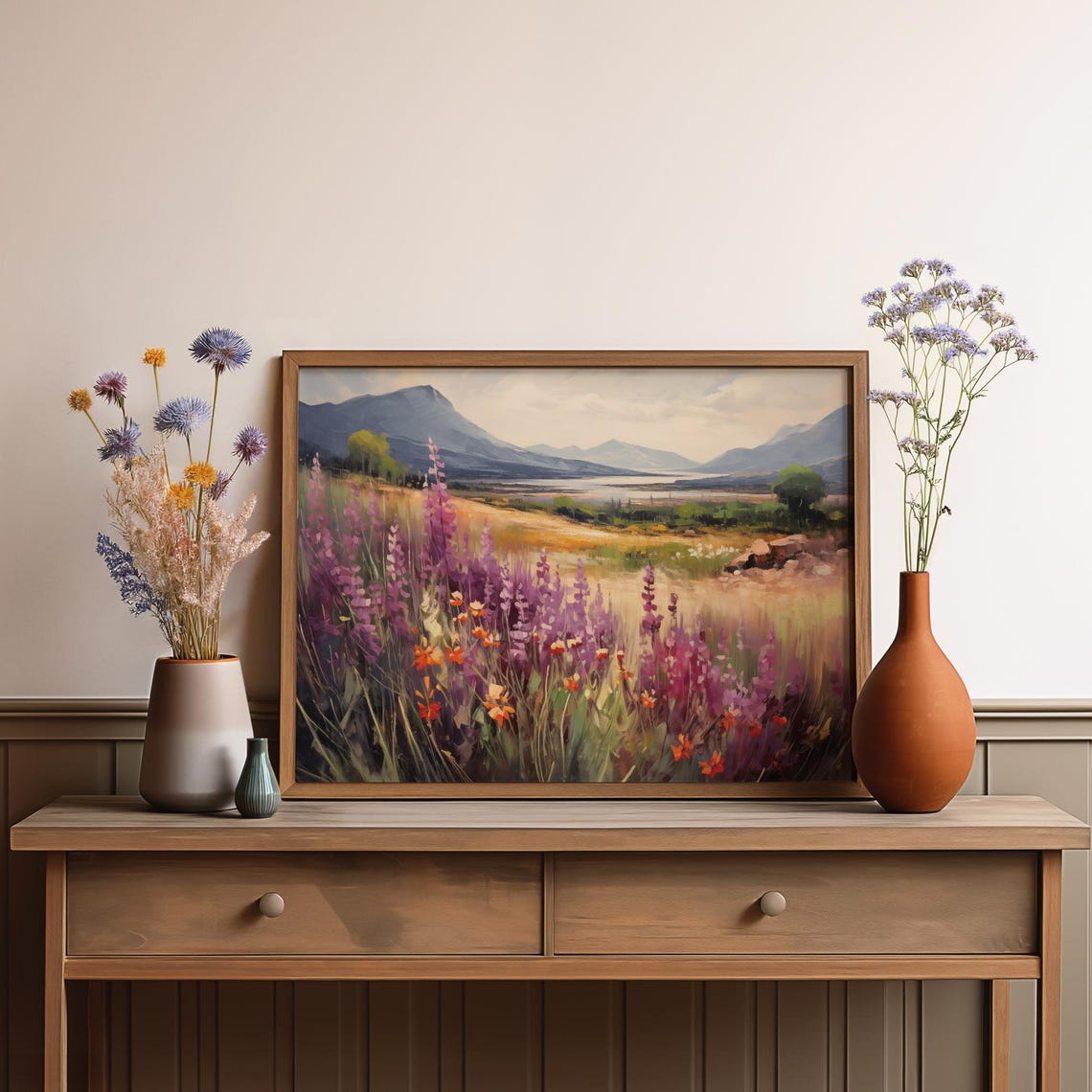 Alpine Purple Lupine Meadow Mountain Lake Valley Landscape Poster - Image 3