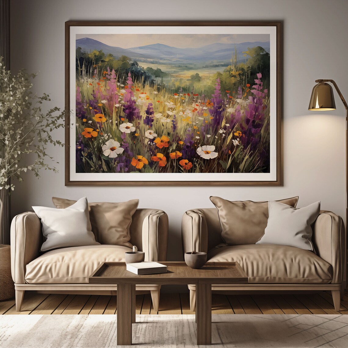 Purple Lupine Orange Poppy Wildflower Meadow Mountains Oil Painting Poster - Image 2
