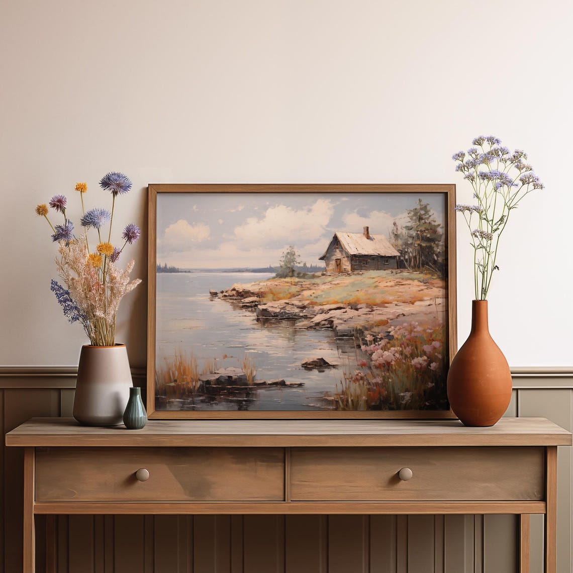 Rustic Lakeside Cabin On A Rocky Shore With Wildflowers Vintage Poster - Image 4
