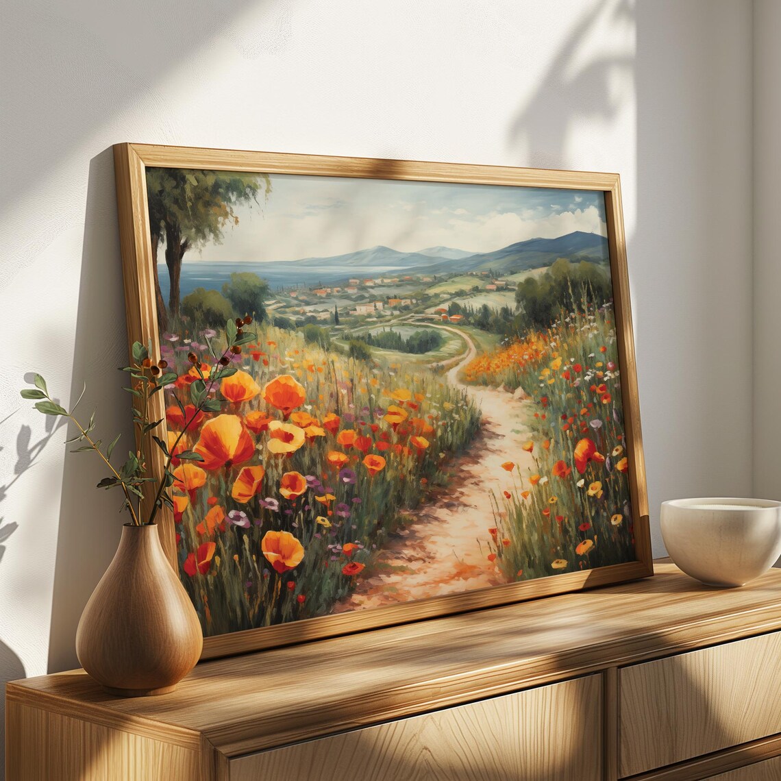 Sunlit Poppy Path Italian Hillside Coastal Landscape Art Poster - Image 4
